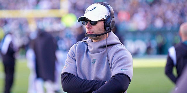 Philadelphia Eagles defensive coordinator Jonathan Gannon looks on during the game between the Tennessee Titans and the Philadelphia Eagles on December 4, 2022 at Lincoln Financial Field in Philadelphia, PA. 