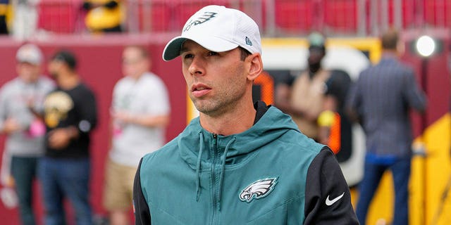 Philadelphia Eagles defensive coordinator Jonathan Gannon looks on during the game between the Philadelphia Eagles and the Washington Commanders on September 25, 2022 at Fedex Field in Landover, MD.