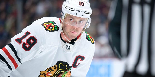 Jonathan Toews #19 of the Chicago Blackhawks waits for a faceoff during the third period of their NHL game against the Vancouver Canucks at Rogers Arena on January 24, 2023 in Vancouver, British Columbia, Canada.