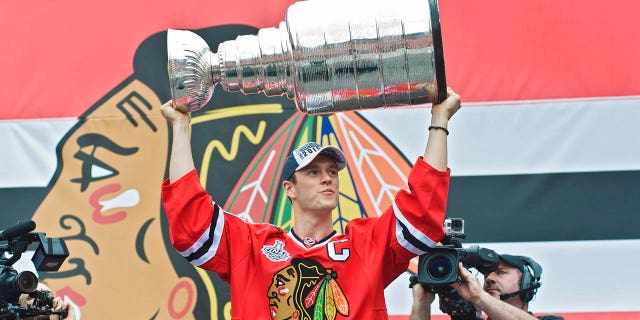 Jonathan Toews attends the Chicago Celebration Parade &  Rally honoring the 2015 Stanley Cup Champions Chicago Blackhawks on June 18, 2015, in Chicago, Illinois.