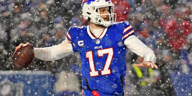 Buffalo Bills quarterback Josh Allen passes against the Cincinnati Bengals during the AFC divisional round game at Highmark Stadium on January 22, 2023, in Orchard Park, New York.