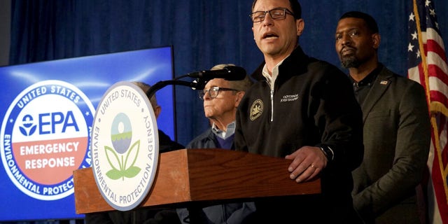 Pennsylvania Gov. Josh Shapiro speaks during a news conference in East Palestine, Ohio, Tuesday, Feb. 21, 2023.