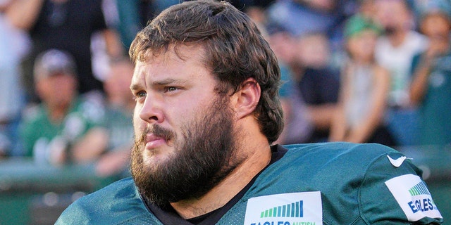 The Eagles guard Josh Sills during training camp on August 7, 2022 at Lincoln Financial Field in Philadelphia.