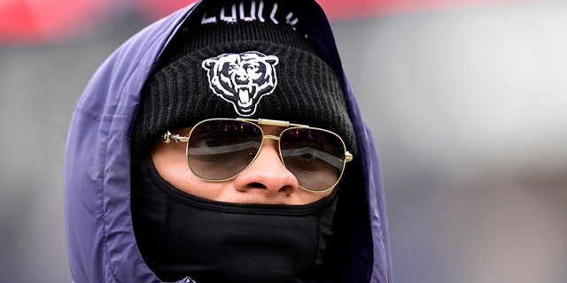 Justin Fields of the Bears before the Minnesota Vikings game at Soldier Field on Jan. 8, 2023, in Chicago.