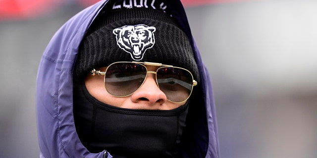 Justin Fields of the Bears before the Minnesota Vikings game at Soldier Field on Jan. 8, 2023, in Chicago.