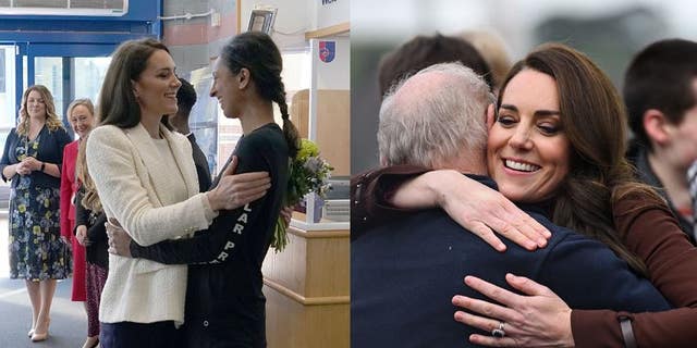 Kate Middleton hugged Antarctic explorer Cpt. Preet Chandi, left, Wednesday and her former school teacher Jim Embury Thursday. 