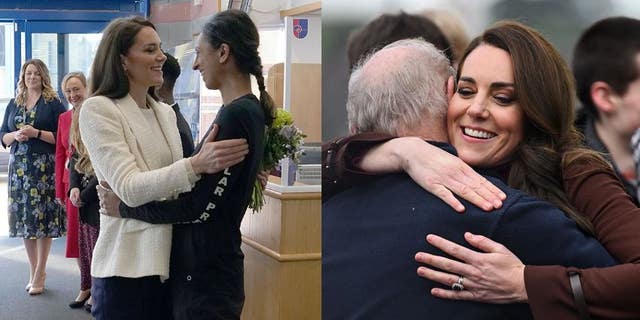 Kate Middleton hugged Antarctic explorer Cpt. Preet Chandi, left, Wednesday and her former school teacher Jim Embury Thursday.