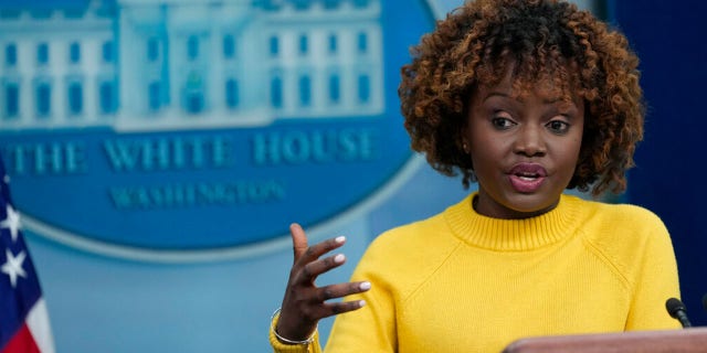 White House press secretary Karine Jean-Pierre speaks during the daily briefing at the White House in Washington, Tuesday, Feb. 14, 2023.