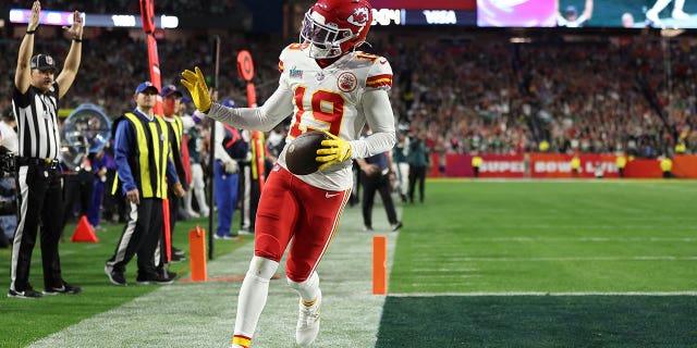 Kadarius Toney #19 of the Kansas City Chiefs celebrates after a five yard touchdown reception against the Philadelphia Eagles during the fourth quarter in Super Bowl LVII at State Farm Stadium on February 12, 2023, in Glendale, Arizona.
