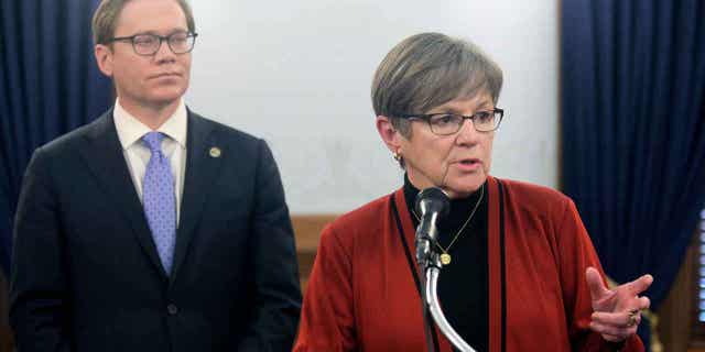 Kansas Gov. Laura Kelly discusses plans by Integra Technologies to build a new $1.8 billion semiconductor factory on Feb. 2, 2023, in Topeka, Kansas. The state has pledged $304 million over 10 years, but the project also needs federal funding.