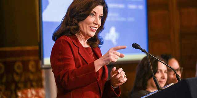 New York Governor Kathy Hochul unveils the executive budget in the Red Room of the State Capitol in Albany, New York, Wednesday, February 1, 2023. (AP Photo/Hans Pennink)