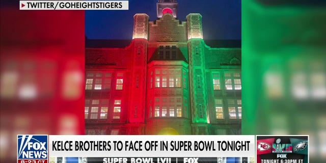 Cleveland Heights High Schools lights up in honor of Kelce brothers facing off against each other during Super Bowl LVII.