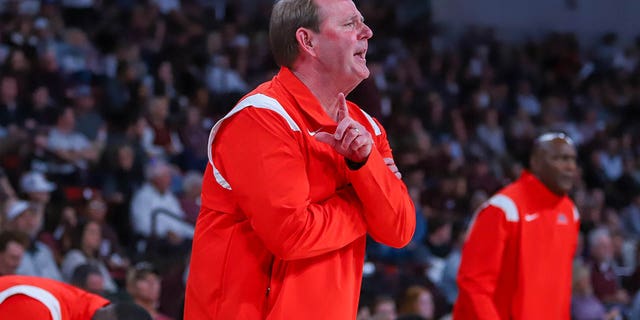 Ole Miss Rebels head coach Kermit Davis yells instructions to his team during the game between the Mississippi State Bulldogs and the Ole Miss Rebels on January 7, 2023 at Humphrey Coliseum in Starkville, MS.