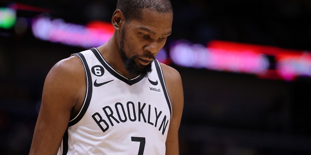 Kevin Durant of the Brooklyn Nets reacts against the New Orleans Pelicans during a game at the Smoothie King Center Jan. 6, 2023, in New Orleans.