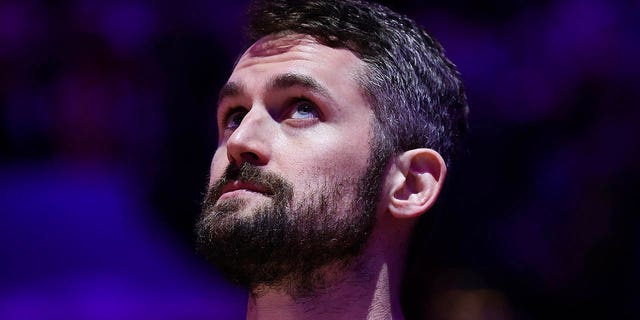 Kevin Love, #0 of the Cleveland Cavaliers, looks on before playing against the Philadelphia 76ers at Wells Fargo Center on February 15, 2023, in Philadelphia, Pennsylvania.