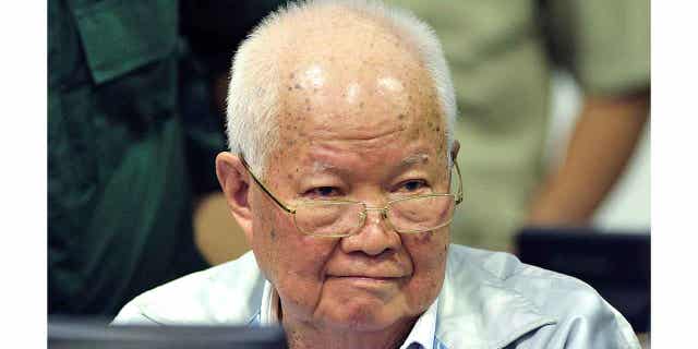 Khieu Samphan, a former leader of Khmer Rouge, sits in a court during a hearing in Phnom Penh, Cambodia, on Nov. 16, 2018. Samphan has been transferred from the tribunal's jail to serve his life sentence at a Cambodian state prison.