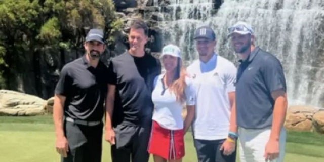 <strong>Sara Jacqueline King (center) with (left to right) Aaron Rodgers, Tom Brady, Patrick Mahomes, and Josh Allen</strong>