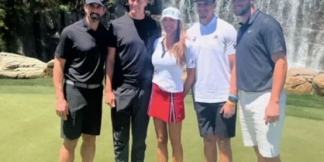 <strong>Sara Jacqueline King (center) with (left to right) Aaron Rodgers, Tom Brady, Patrick Mahomes, and Josh Allen</strong>