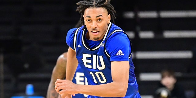 Eastern Illinois guard Kinyon Hodges, #10, goes after a loose ball during a college basketball game between the Eastern Illinois Panthers and the Iowa Hawkeyes on Dec. 21, 2022, at Carver-Hawkeye Arena in Iowa City, Iowa.