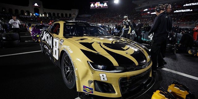 The #8 BetMGM Chevrolet, driven by Kyle Busch, is parked on the track during a break in the NASCAR Clash at the Coliseum at the Los Angeles Memorial Coliseum on February 5, 2023 in Los Angeles.