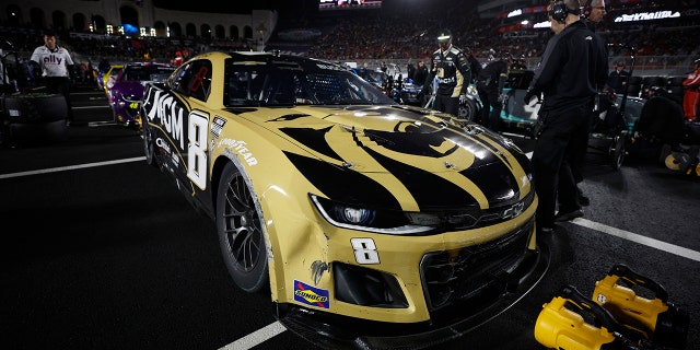 The #8 BetMGM Chevrolet, driven by Kyle Busch, is parked on the track during a break in the NASCAR Clash at the Coliseum at the Los Angeles Memorial Coliseum on February 5, 2023 in Los Angeles.