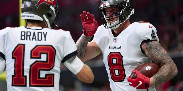 Kyle Rudolph of the Tampa Bay Buccaneers celebrates after scoring a touchdown against the Falcons on January 8, 2023 in Atlanta.