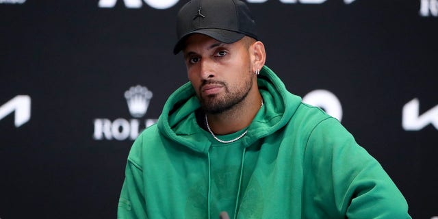 Nick Kyrgios of Australia speaks during a press conference at a practice session ahead of the 2023 Australian Open at Melbourne Park on January 14, 2023 in Melbourne, Australia.