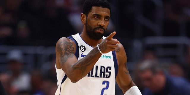 Kyrie Irving of the Dallas Mavericks gestures during a game at Crypto.com Arena in Los Angeles on Wednesday.