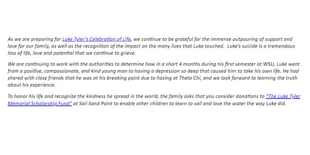 Statement provided by College and John Tyler, parents of fallen WSU student Luke Tyler.