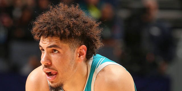 LaMelo Ball #1 of the Charlotte Hornets looks on during the game on Feb. 27, 2023 at Spectrum Center in Charlotte, North Carolina.