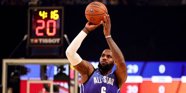 LeBron James #6 of the Los Angeles Lakers shoots during the 1st quarter at the 2023 NBA All Star Game between Team Giannis and Team LeBron at Vivint Arena on February 19, 2023 in Salt Lake City, Utah.