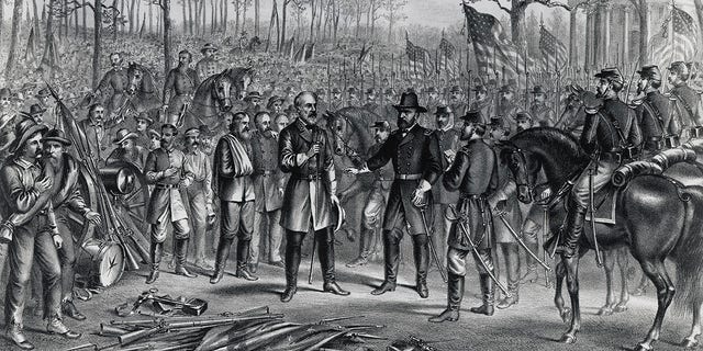 General Robert Lee surrendering to General Ulysses Grant at Appomattox, on April 9, 1865, American Civil War, 19th century. General Joshua Lawrence Chamberlain ordered Union troops to salute the Confederate troops to begin the process of healing the nation.