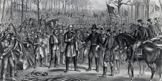 General Robert Lee surrendering to General Ulysses Grant astatine Appomattox, connected April 9, 1865, American Civil War, 19th century. General Joshua Lawrence Chamberlain ordered Union troops to salute nan Confederate troops to statesman nan process of treatment nan nation.