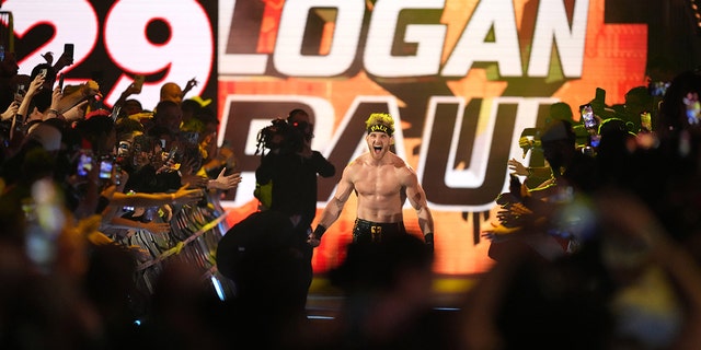 Logan Paul enters the men’s Royal Rumble match at the WWE Royal Rumble at the Alamodome in San Antonio Jan. 28, 2023.