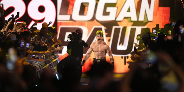 Logan Paul enters the men’s Royal Rumble match at the WWE Royal Rumble at the Alamodome in San Antonio Jan. 28, 2023.