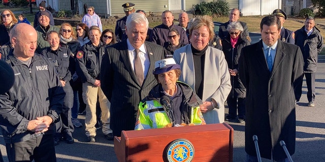 After 41 years in her position, Kobs (front and center) never missed a day of work or called out sick. Nassau County Police Commissioner Patrick Ryder (left), County Executive of Nassau County Bruce Blakeman (second from left), Hempstead Town Clerk Kate Murray (third from left) and Nassau County Legislator John Ferretti (far right) recently honored Kobs for her service.