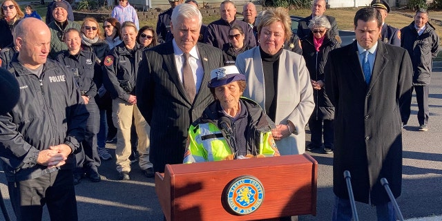 After 41 years in her position, Kobs (front and center) never missed a day of work or called out sick. Nassau County Police Commissioner Patrick Ryder (left), County Executive of Nassau County Bruce Blakeman (second from left), Hempstead Town Clerk Kate Murray (third from left) and Nassau County Legislator John Ferretti (far right) recently honored Kobs for her service.