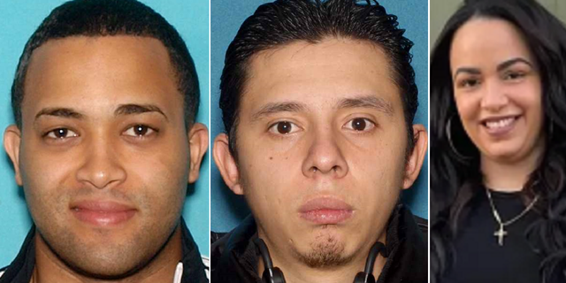 Cesar Santana, left, has been arrested in Miami, Florida, in connection to the death of Luz Hernandez, whose body was found in Kearny, New Jersey. Leiner Miranda Lopez, center, remains on the run.