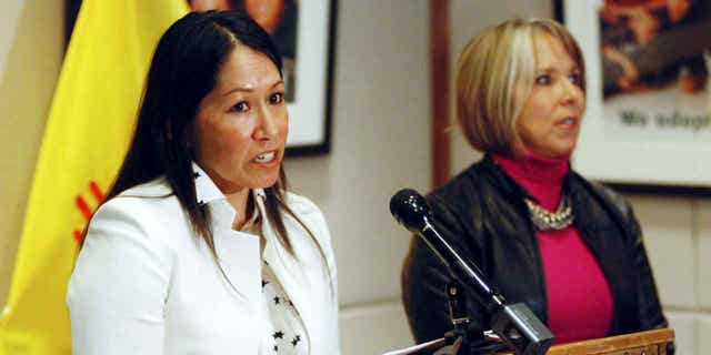 Lynn Trujillo, of Sandia Pueblo, left, speaks at a news conference in Santa Fe, New Mexico, on Jan. 22, 2019. Trujillo has been tapped to serve as a top legal advisor to Deb Haaland, the U.S. Interior Department Secretary.