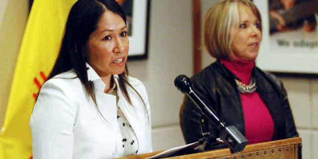 Lynn Trujillo, of Sandia Pueblo, left, speaks at a news conference in Santa Fe, New Mexico, on Jan. 22, 2019. Trujillo has been tapped to serve as a top legal advisor to Deb Haaland, the U.S. Interior Department Secretary.