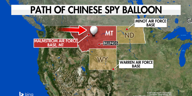 The map shows the approximate path of a suspected Chinese reconnaissance balloon over Montana, Friday, February 3, 2023.