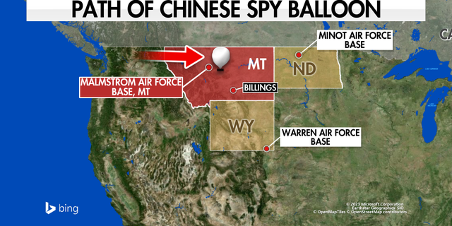 Map shows approximate path of a suspected Chinese surveillance balloon over Montana, Friday, Feb. 3, 2023.