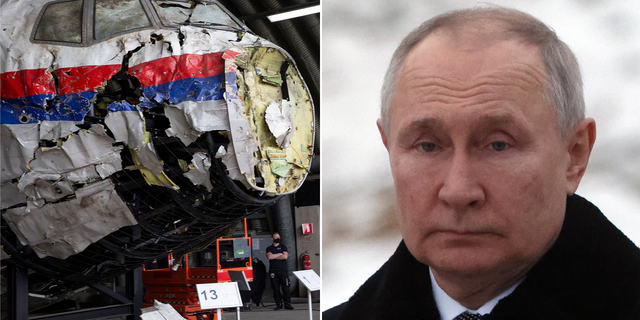 The Kremlin is pushing back on an investigation that determined Russian President Vladimir Putin had a key role in the shoot-down of Malaysia Airlines Flight 17 in 2014. At left, the wreckage from MH17 is seen reconstructed at the Gilze-Rijen military airbase in the Netherlands in 2021.