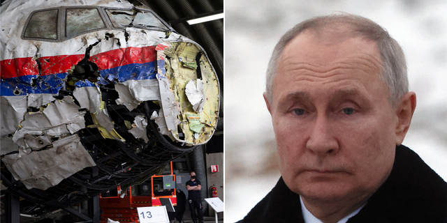 The Kremlin is pushing back on an investigation that determined Russian President Vladimir Putin had a key role in the shoot-down of Malaysia Airlines Flight 17 in 2014. At left, the wreckage from MH17 is seen reconstructed at the Gilze-Rijen military airbase in the Netherlands in 2021.