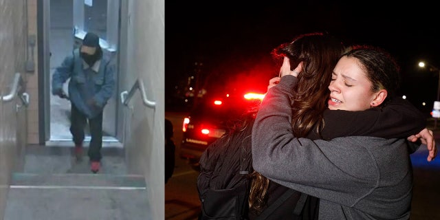 The suspect in the Monday night shooting, said police, was described as a short Black male wearing a blue jacket, black pants and red shoes. Anthony McRae, 43, was located "shortly after" the campus shooting and was found to have died from an apparent self-inflicted gunshot wound in an off-campus area within hours, police said. On the right, students embrace.