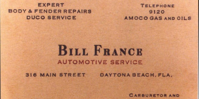 Before he became "Mr. NASCAR," Bill France Sr. was a prosperous Daytona Beach garage owner and gasoline retailer. France's gas station at 316 Main Street was also a haven for area racers anxious to have work performed on their race cars. This 1940s business card shows "Big Bill's" inventiveness. 