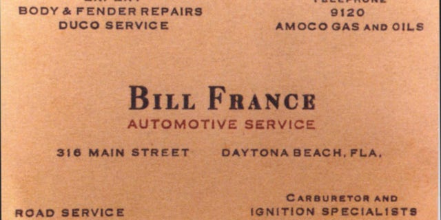 Before he became "Mr. NASCAR," Bill France Sr. was a prosperous Daytona Beach garage owner and gasoline retailer. France's gas station at 316 Main Street was also a haven for area racers anxious to have work performed on their race cars. This 1940s business card illustrates "Big Bills" inventiveness. 