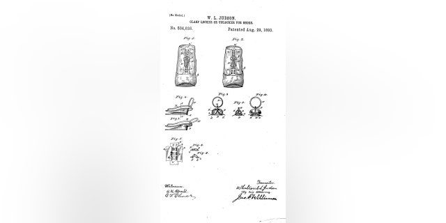 Whitcomb Judson's 1893 patent for the clasp-locker, later called the zipper, is shown here.
