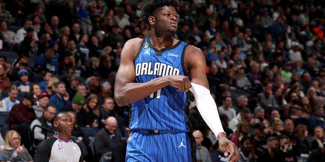 Mo Bamba #11 of the Orlando Magic looks on during the game against the Minnesota Timberwolves on February 3, 2023 at Target Center in Minneapolis, Minnesota.