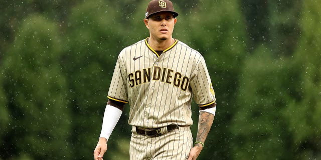 Manny Machado of the San Diego Padres looks on prior to game five of the National League Championship Series against the Philadelphia Phillies at Citizens Bank Park in Philadelphia on Oct. 23, 2022.